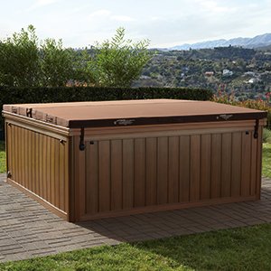 Closed brown hot tub with brown cover