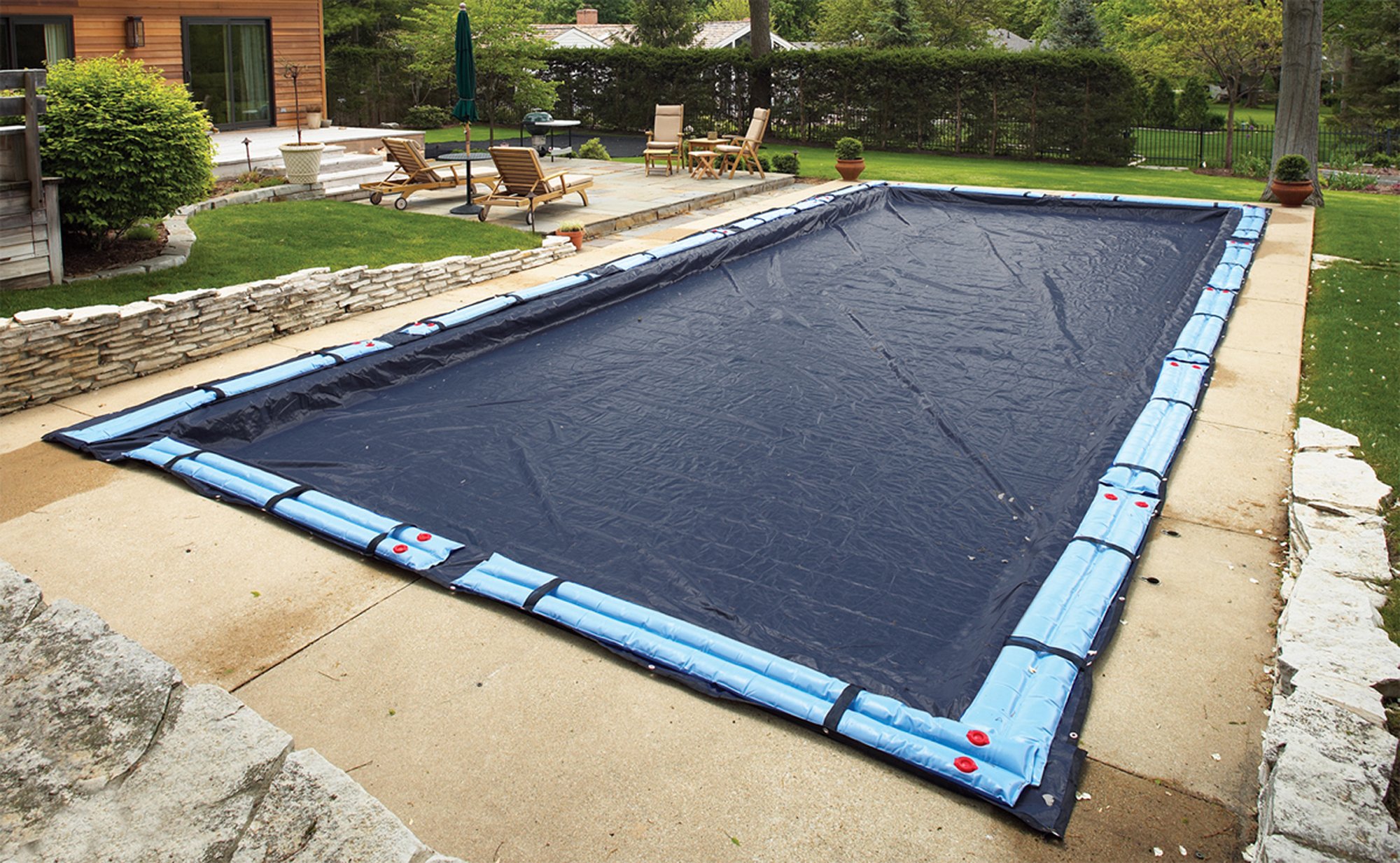 Black and blue pool cover backyard