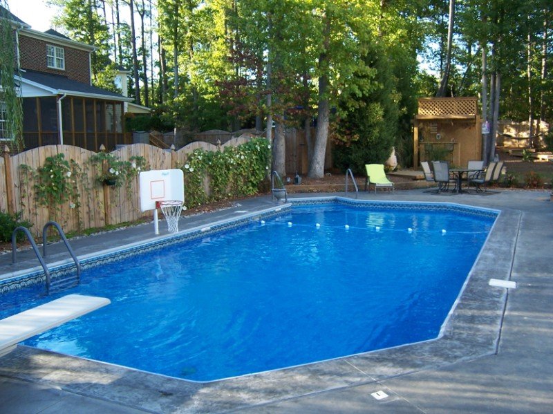 Rising sun pools and spas backyard pool with diving board and basketball hoop